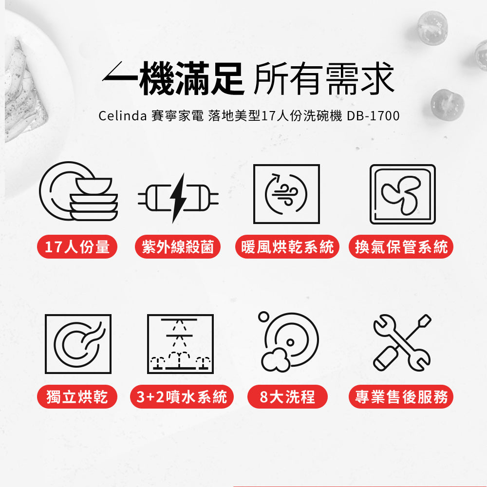 【Celinda賽寧】17人份落地型洗碗機DB-1700