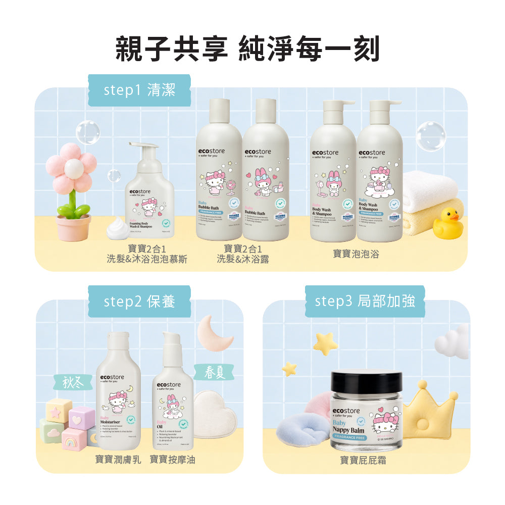 【ecostore宜可誠】三麗鷗聯名純淨寶寶2合1洗髮&沐浴露-抗敏無香535ML