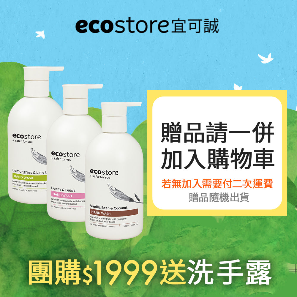 ecostore 洗手露滿額贈促銷圖，展示三款壓頭瓶，標示團購滿 1,999 送洗手露、隨機出貨及須將贈品加入購物車。